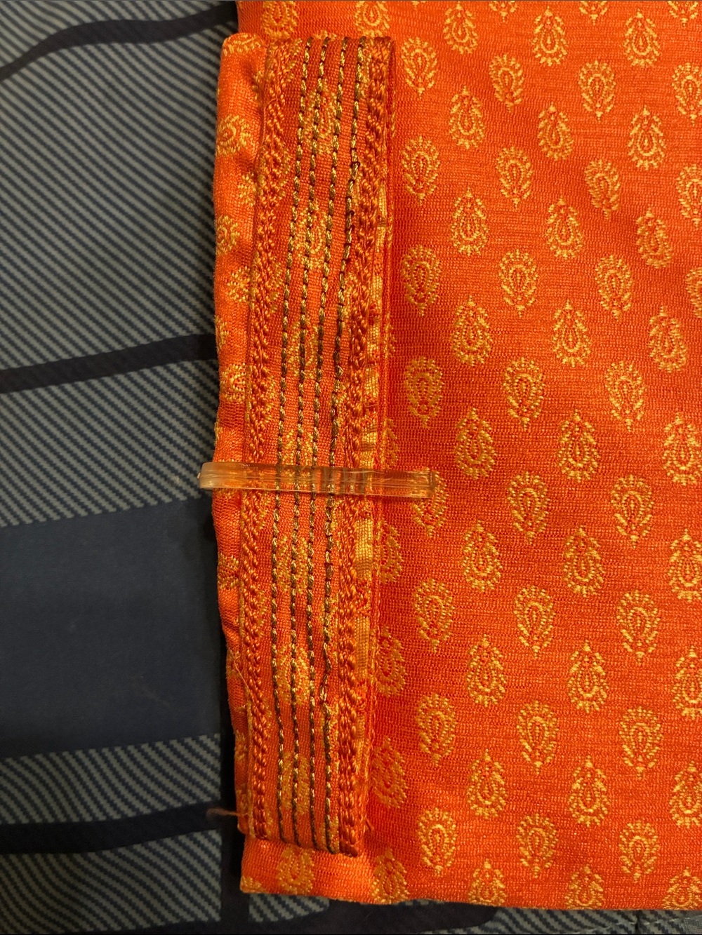 Men's Orange Traditional Kurta Pajama with Gold Motif and Brown Pant M|40 - Picture 6 of 8